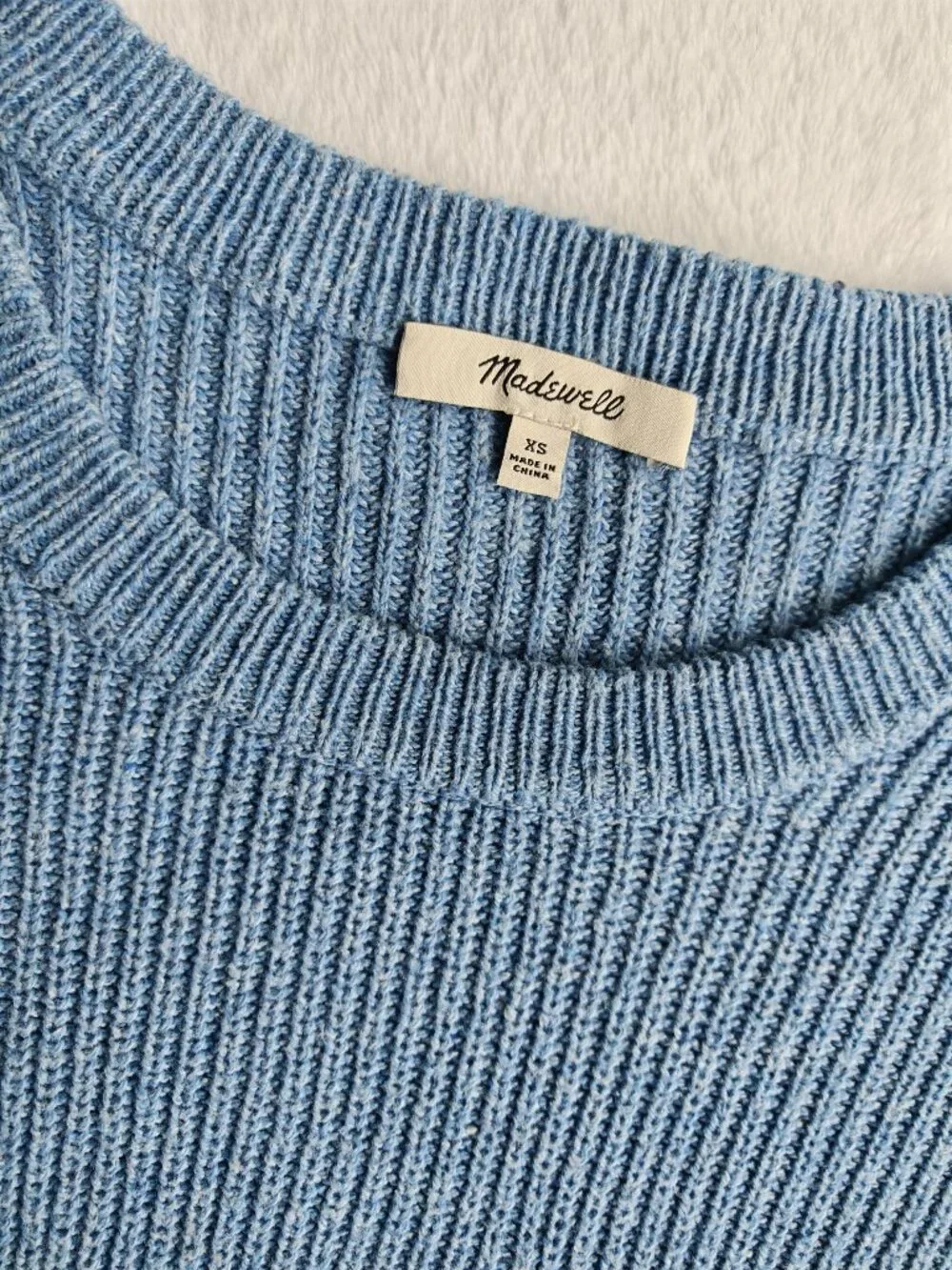 Madewell Blue Ribbed Knit Sweater XS Crewneck Pocket Soft Cozy Aesthetic Minimal - Picture 5 of 9